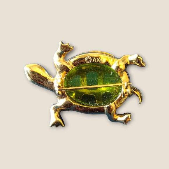 Ann Klein Gold Tone and Green Jelly Belly Turtle Brooch - Picture 3 of 3